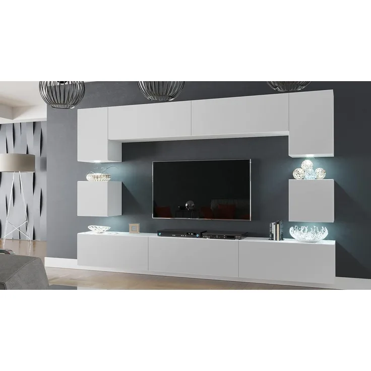 Furnitech Modernes TV Möbel mit LED Beleuchtung Schrank Wohnschrank Wohnzimmer Schrankwand Wohnwand Mediawand Nowara 1C (LED weiß, AN1-17W-M53 1C Matt)