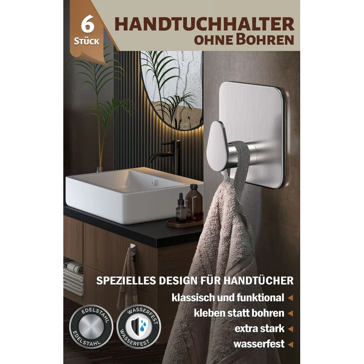 Lindenstein Ovale Klebehaken 6er-Set Silber – Edelstahl V2A, 3M-Klebepads – Bild 2