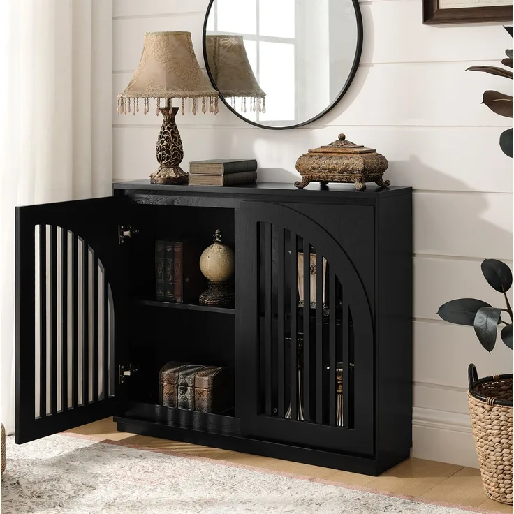 Sideboard mit geriffelten Fronten und Kabelöffnungen, H 82,5 x T 99,06 x B 23,5 cm, Schwarz