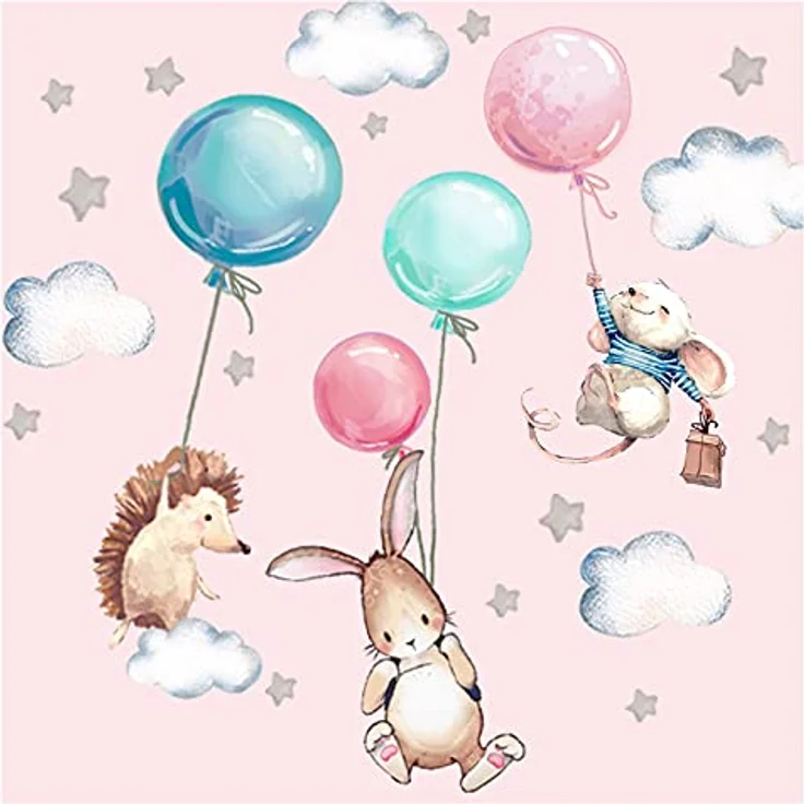 Montegoni Wandsticker Kinder Tier Heißluftballon Wandsticker,Wandaufkleber Deko (Wandtattoo mit Waldtieren für Kinderzimmer, aquarell tiere heißluft ballon wolken aufkleber), wasserdichte abnehmbare, kindergarten haus dekoration – Bild 2