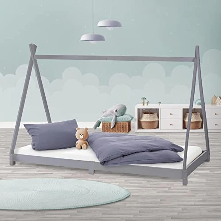 ML-DESIGN Spielbett Hausbett Tipi Zeltbett inkl. Lattenrost Bodenbett Kinder Himmelbett, Abenteuerbett zum Spielen Zelt Kinderbett Kiefer Bettenhaus Bett Grau – Bild 2