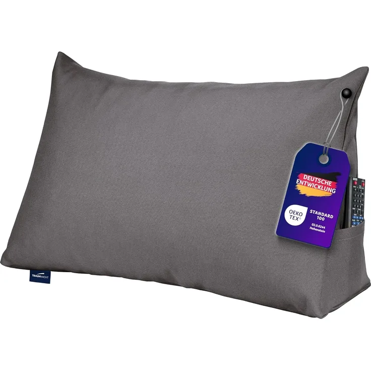Traumnacht Cozy Rückenkissen, Lesekissen, 70x40 cm dunkelgrau, abnehmbarer,waschbarer Bezug aus 100% Polyester,praktisches Seitenfach,Öko-Tex zertifiziert,produziert nach deutschem Qualitätsstandard