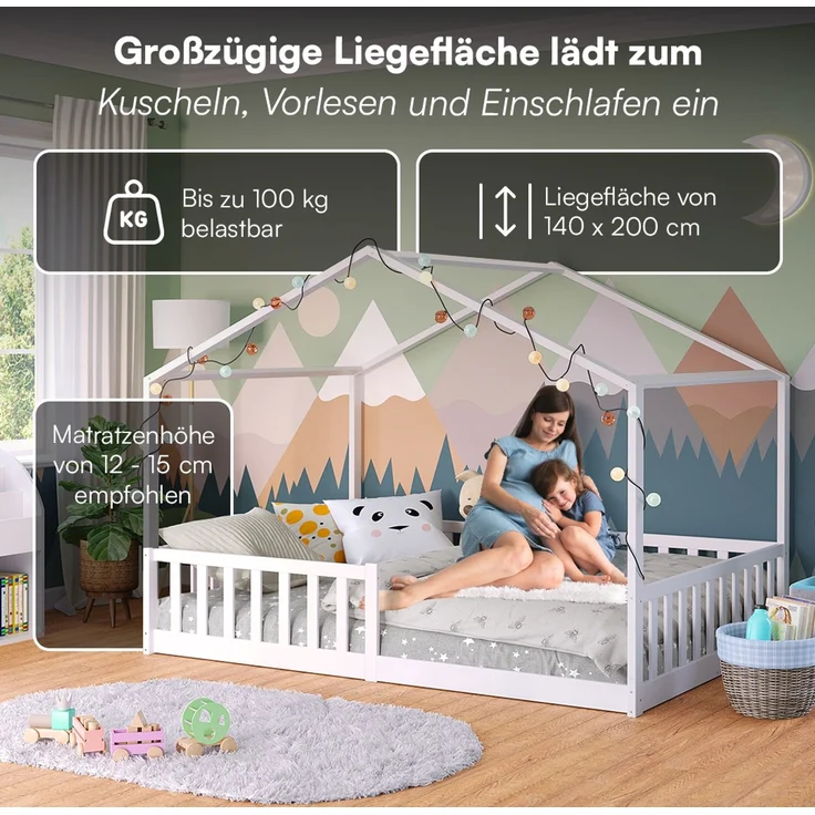 Bellabino 'Bia' Hausbett 140x200 cm mit Matratze, weiß, Kiefer Massivholz, Bodenbett in Hausoptik, Montessori Kinderbett mit Rausfallschutz und Lattenrost – Bild 5