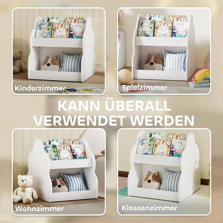 AIYAPLAY Spielzeugtruhe mit Rädern, 4 Regalen (Kinderregal, 1 St, 2-stöckiges Spielzeugregal), für Kinderzimmer, Spielzimmer, Wohnzimmer, 54 x 50 x 56 cm, Weiß – Bild 7