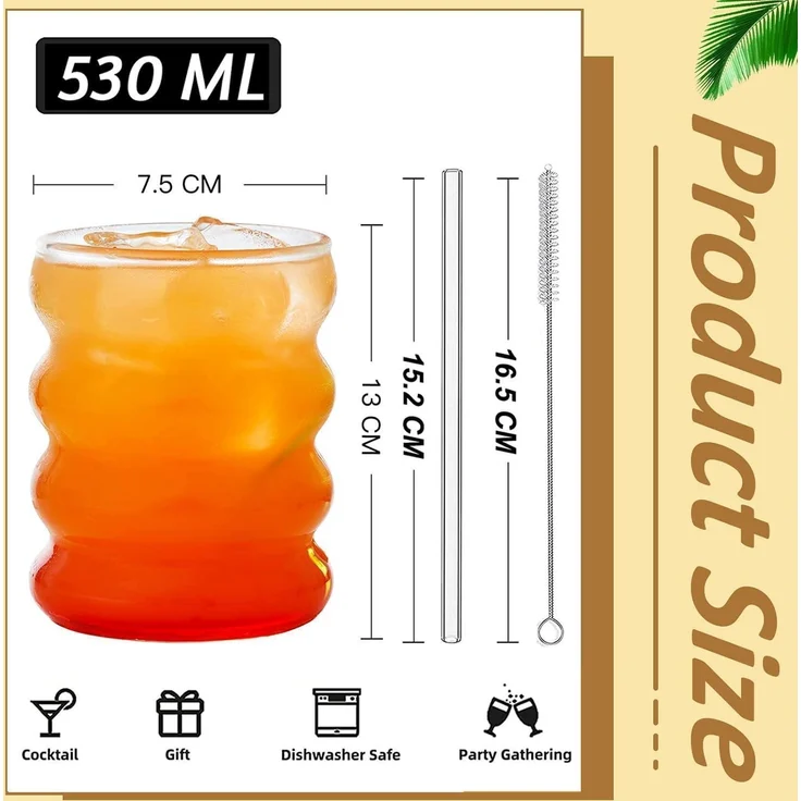 ALINK Plus Size Gerippte Trinkgläser 2er Set 530ml Glasstrohhalme Cocktail – Bild 2