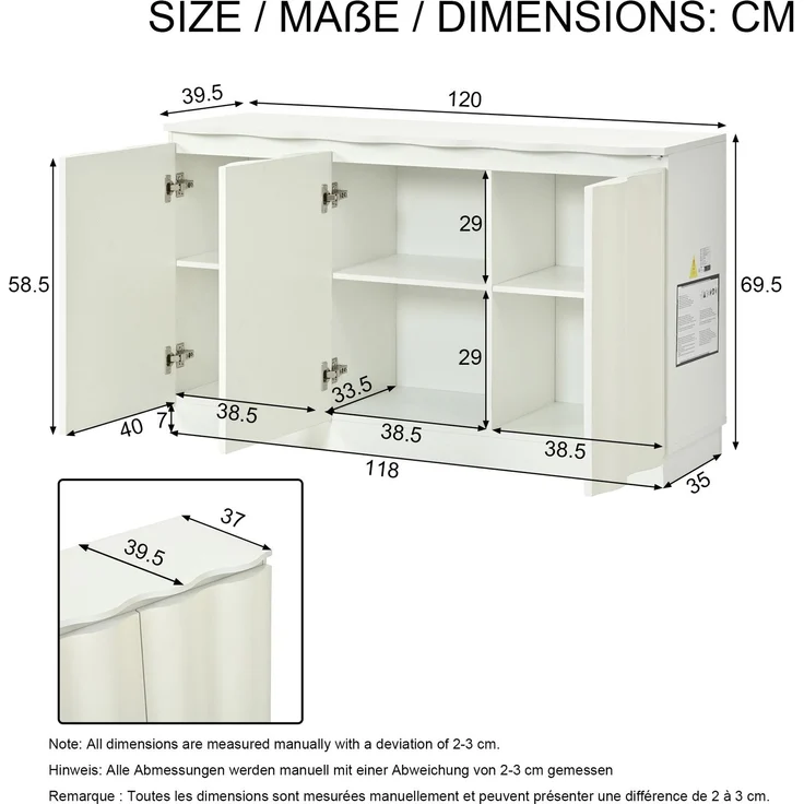 Sideboard 120 x 39,5 x 69,5 cm in Weiß mit 3 Türen, verstellbaren Einlegeböden und App-gesteuertem LED-Licht – Bild 4