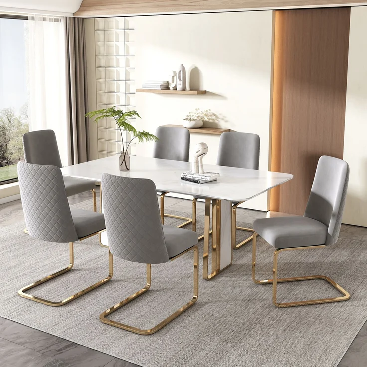Esszimmerstuhl Samt Grau 2er Set mit Rauten Design Rückenlehne,Polsterstuhl ergonomisch gepolstert mit Metallbeinen, Loungesessel stilvoll weich – Bild 6