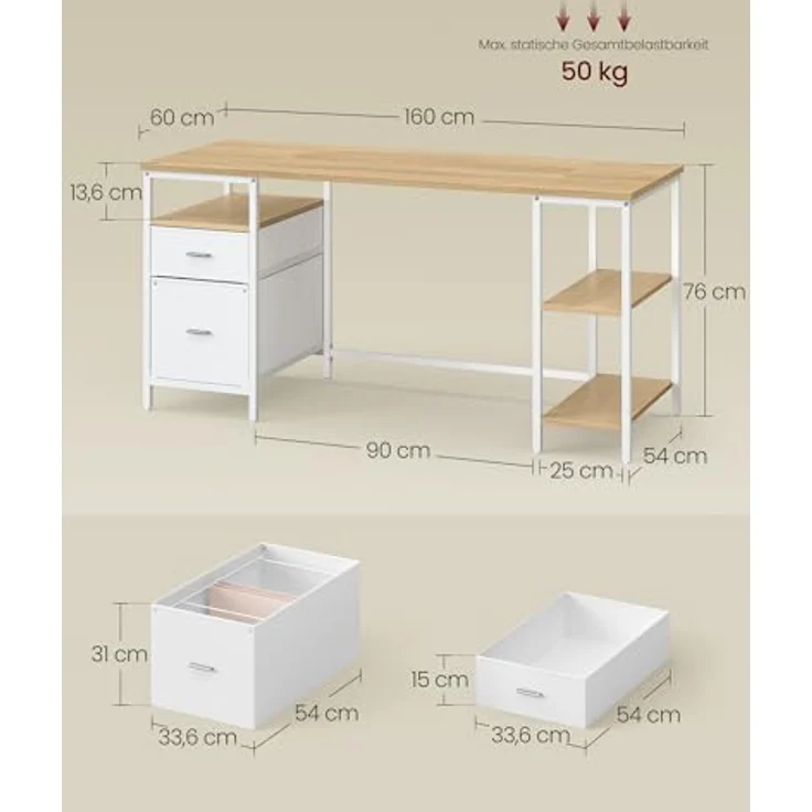 VASAGLE Computertisch, Bürotisch, Schreibtisch, mit 3 Ablagen, 2 Schubladen, 160 x 60 x 76 cm, fürs Büro, Wohnzimmer, moderner Stil, natureichenfarben-wolkenweiß LWD105YD01 – Bild 4