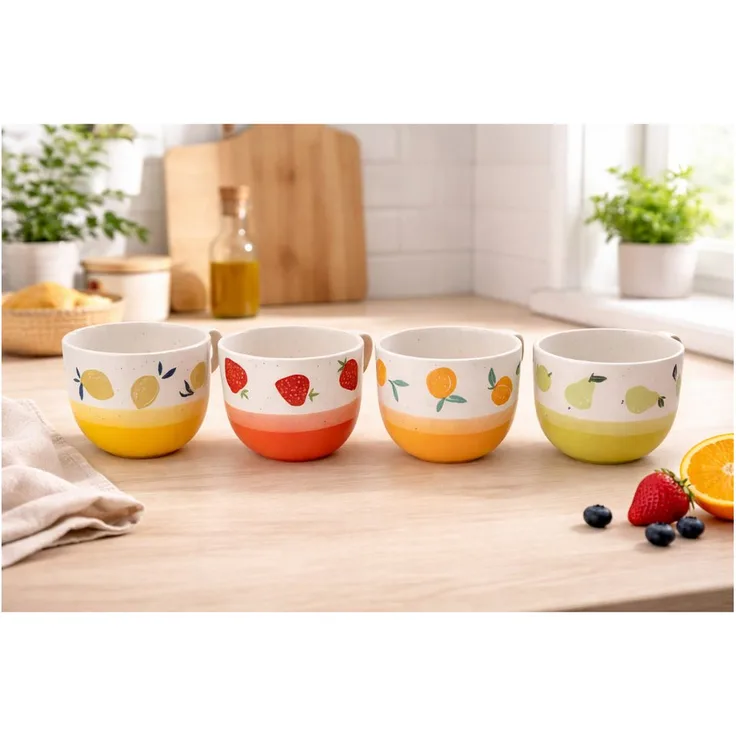 genialo Keramik Tassen Set 4-tlg., 400ml mit fröhlichen Fruchtmotiven