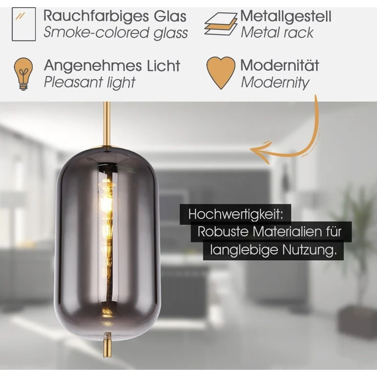 Hängelampe Esszimmer Hängeleuchte Wohnzimmer Rauchglas Pendelleuchte Küche – Bild 2