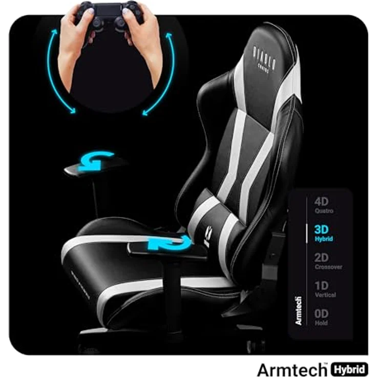 Diablo Anpassbarer Gaming Stuhl Ergonomisch X-Horn 2.0 | Verstellbare Rücken-, Sitz- und Armlehnen | Nacken-/Lendenkissen, Eco Lederpolsterung | Ergonomischer Gamer Stuhl | Normal (L) | Schwarz-Weiß – Bild 4