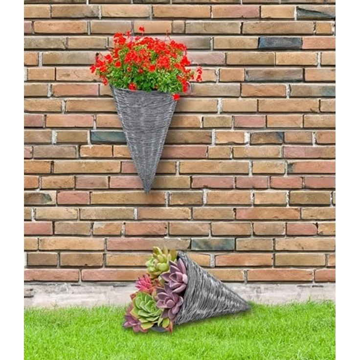 Spetebo Übertopf Wand Blumenampel 41 x 24 cm shabby grau - 2er Set (Packung, 1 St, 1 tlg), Rattan Hänge Pflanzkorb für Innen und Außen – Bild 5