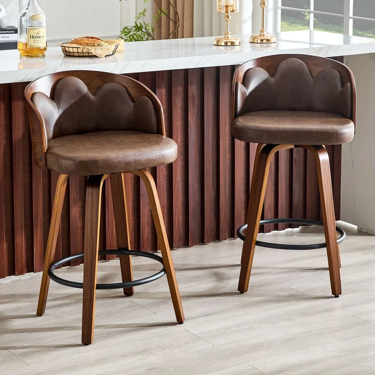 2er Set Barhocker mit Blüten-Rückenlehne, Bugholz, PU-Leder, Metall-Fußstütze, modern--Braun--89x41.5x46.5cm--YOUDENOVA – Bild 10
