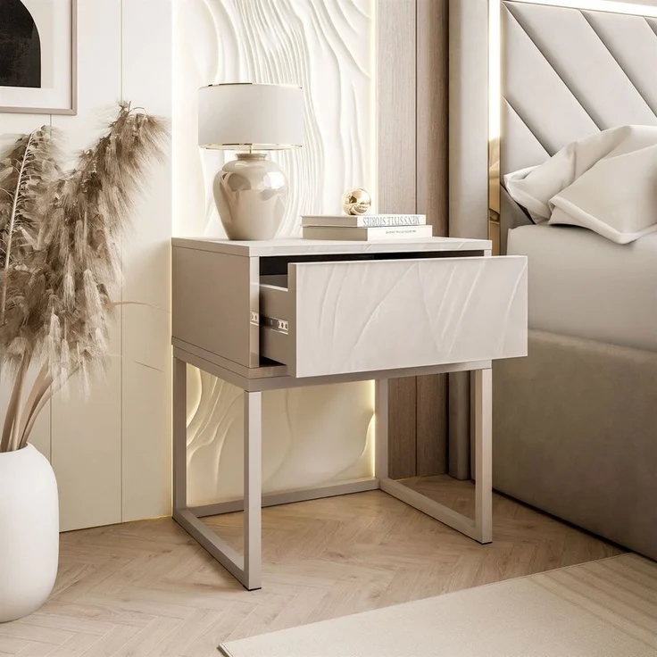 Lookway Nachttisch BLANCO Kaschmir auf Gestell – Moderner Nachtschrank fürs Schlafzimmer (1x Nachttisch), Breite: 45 cm – Bild 2