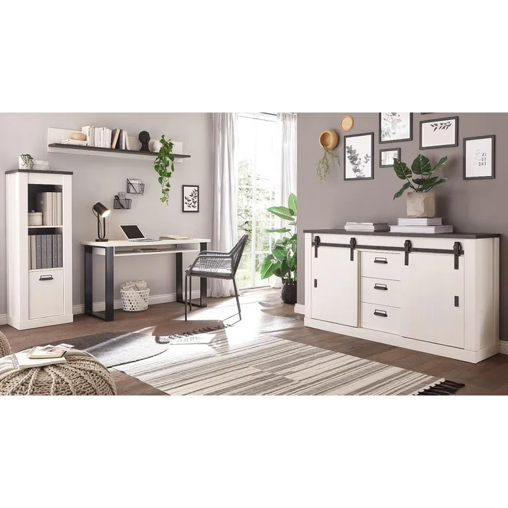 Büromöbel komplett Set Stove in weiß Pinie und anthrazit Landhaus