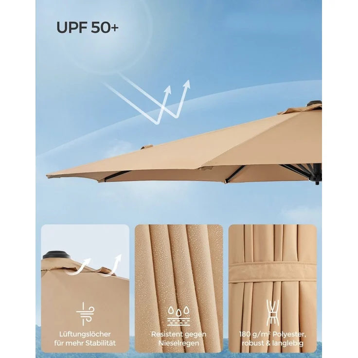 Songmics Sonnenschirm, Ampelschirm, 300 cm, UPF 50+, Gartenschirm, um 360° drehbar, Neigungswinkel stufenlos verstellbar, mit Kurbel, Kreuzfuß, kamelbraun – Bild 2