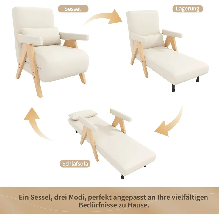 Sessel Leinen 3-in-1 verstellbar, 87 x 60 x 64 cm – Relaxsessel mit 6-stufiger Rückenlehne & Massivholzfüßen,Beige & Natur – Bild 4