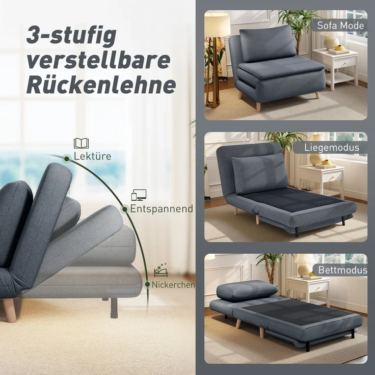 3-in-1 Schlafsessel mit Bett-Funktion, Liegesessel, verstellbare Rückenlehne, Buchenholzbeine, Kissen, Grau--Grau--95x90x80cm--YOUDENOVA – Bild 6