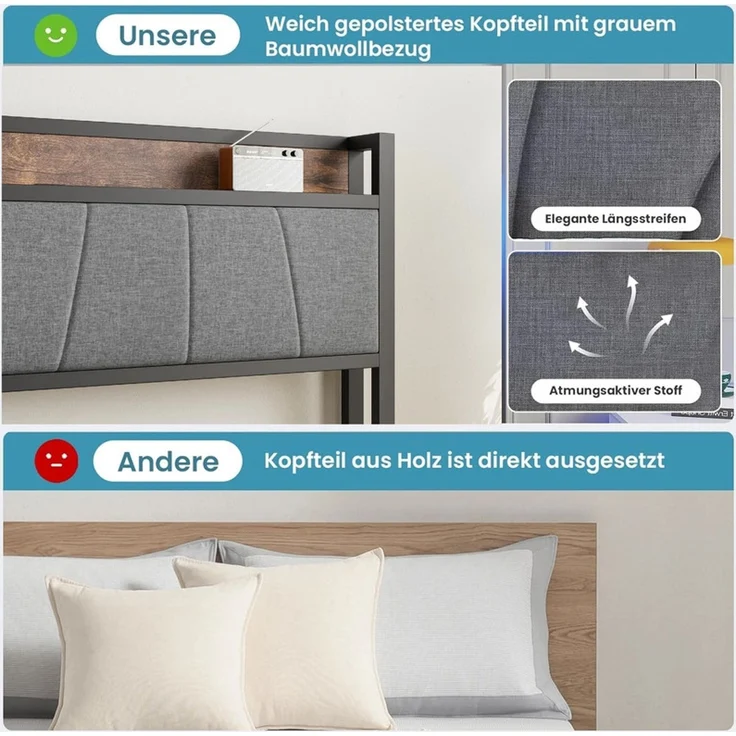 Homerecommend Metallbett 140x200 cm, Doppelbett und Jugendbett, mit RGB-LED-Beleuchtung und 2 USB-Anschlüssen, Vintage Braun & Schwarz – Bild 10