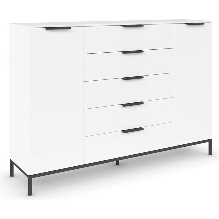 Rauch Möbel Flipp, Kombikommode, Kommode mit Stauraum für Wohnzimmer, Schlafzimmer, Flur, 4 Fachböden, mit Metallkufe graphit, Alpinweiß, 2-türig, 5 Schubkästen, Griffe graphit, 160 x 111 x 42 cm – Bild 1
