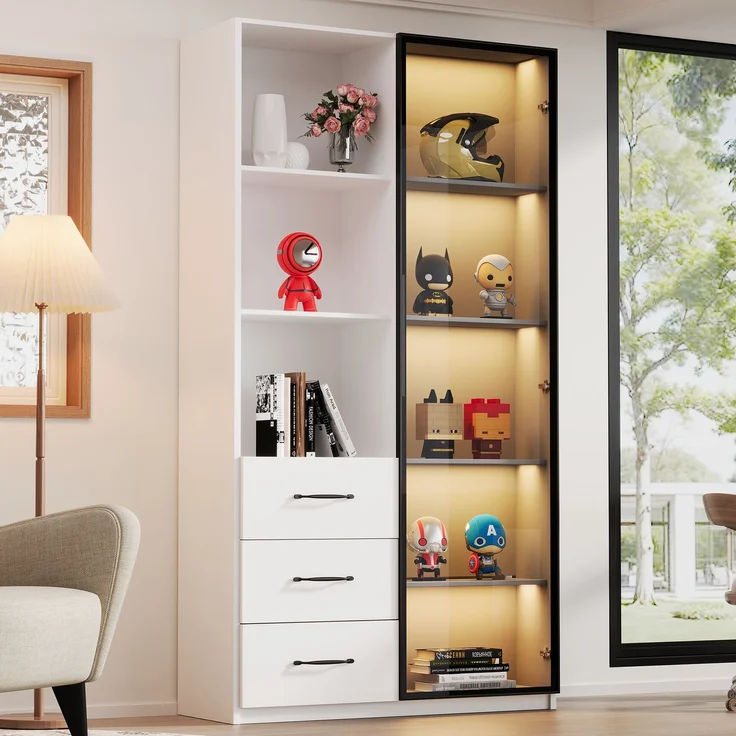 LED-Vitrine 80 x 40 x 160 cm - Bücherschrank mit Tür aus gehärtetem Glas und LED-Beleuchtung, 3 Schubladen und 3 offene Fächer, Aluminiumrahmen, mehrfarbige LEDs, Soft-Close-Scharniere, Küchenschränke--Weiß--91.01x46.99x19.99cm--YOUDENOVA – Bild 1