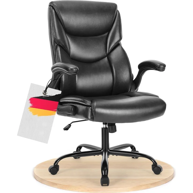 DUMOS Bürostuhl Pu-Leder Chefsessel mit Hochklappbaren Armlehnen Bürostuhle Leder mit Drehbaren Rädern Office Chair Ergonomic Geeignet für Büros Zuhause und Andere Umgebungen