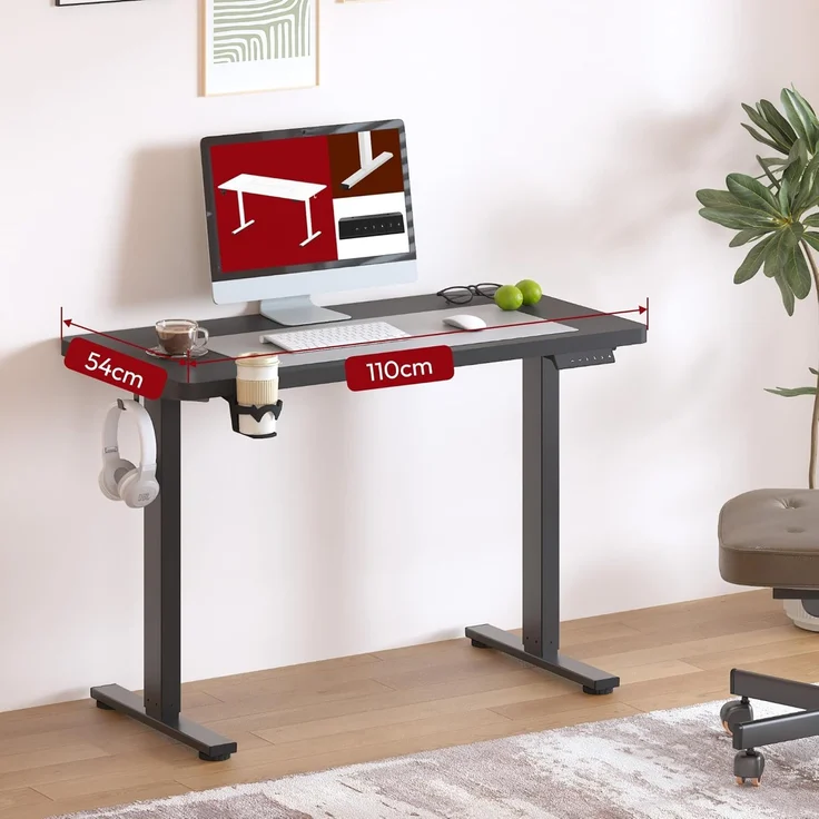 SANODESK Höhenverstellbarer Schreibtisch mit VOLLSTÄNDIGER TISCHPLATTE, 4 Zubehörteilen (Becherhalter, Haken, Aufbewahrungsbox, Kabelmanagement), ergonomisch für Büro und Homeoffice, Schwarz, 110x54CM – Bild 2