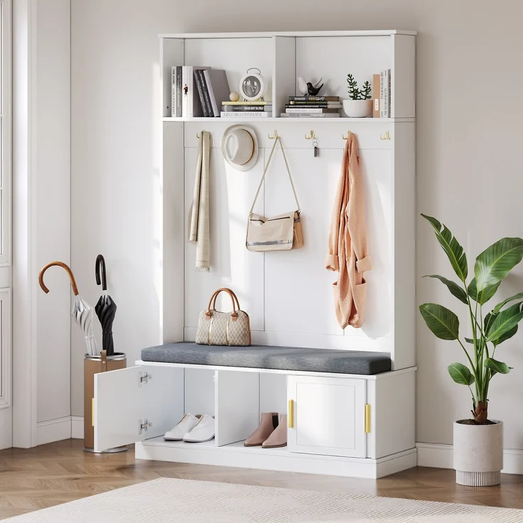 Garderobenständer mit Sitzbank und Schuhregal, 120x40x191 cm, Weiß – Bild 3