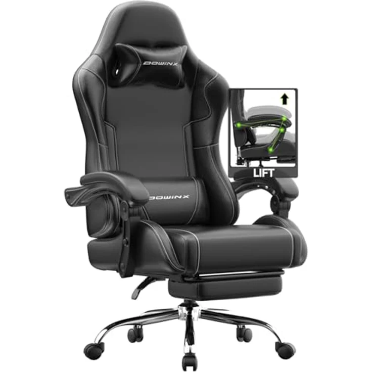 Dowinx Gaming Stuhl Bürostuhl Massage Gaming Sessel mit höhenverstellbaren Linkage-Armlehnen, ergonomischer Gamer Stuhl mit Fußstütze, gepolstert Gaming Chair 150° neigbar bis 180 kg, Schwarz – Bild 2