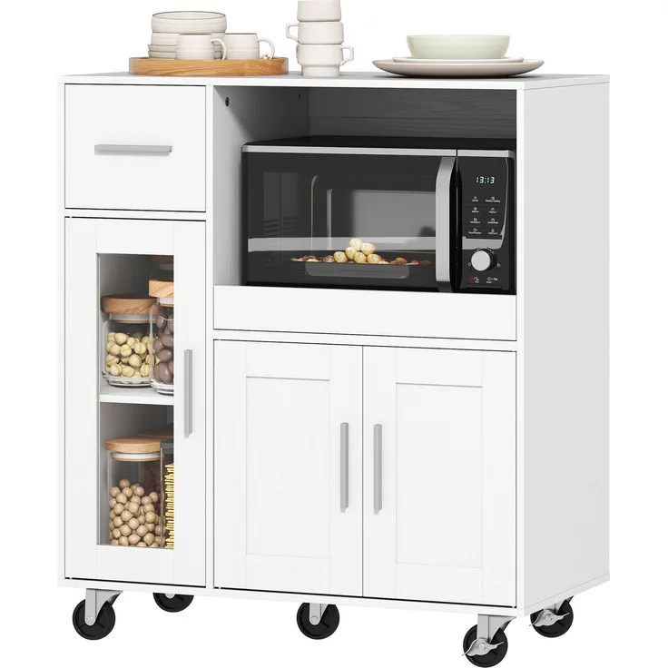 Wohnora-Küchenschrank auf Rädern, Mobile Küchenkommode mit Ablagen, Schubladen, verstellbarem Regal, Kabelloch, Weiß,H 887cm x T 800cm x B 400cm