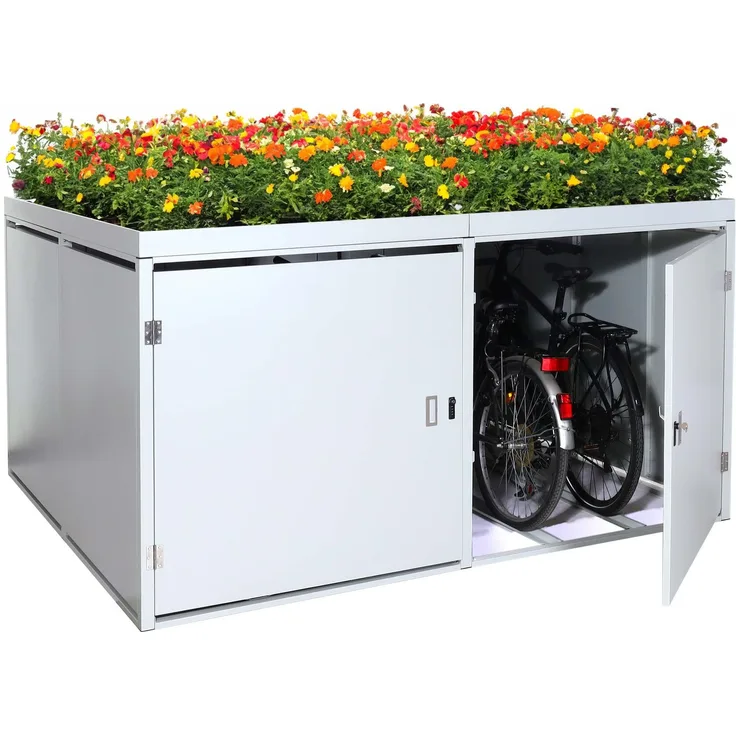Mendler 'HWC-L56b' 4er-Fahrradgarage mit Pflanzkasten, abschließbar, verzinkter Stahl hellgrau, 220 x 210 x 126 cm