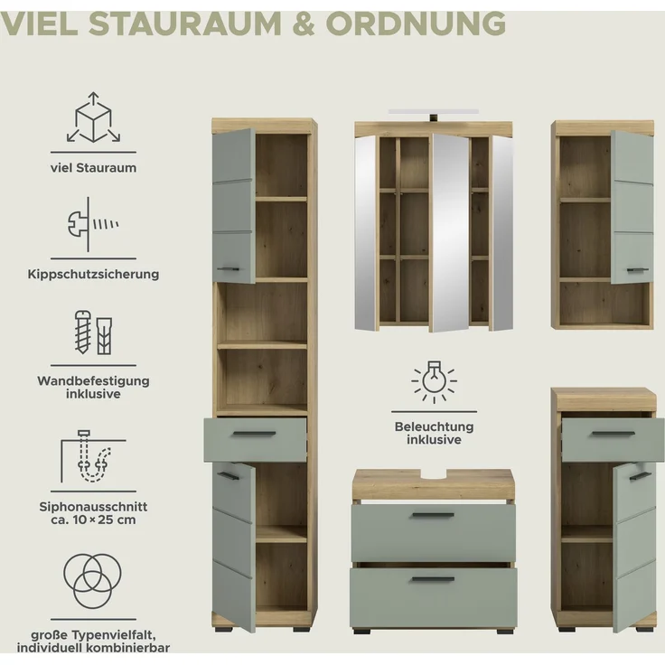Xonox Scout Badkombination (B/H/T: 164x191x34 cm) in Salbei und Artisan Eiche Nachbildung – Bild 12