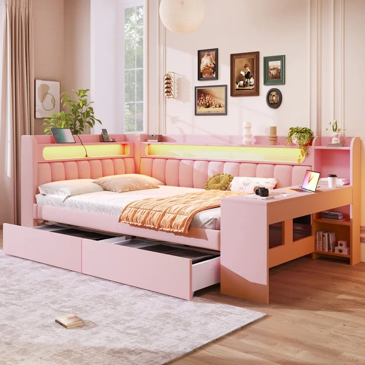 Stauraumbett mit gepolstertem Kopfteil, Schreibtisch und LED-Beleuchtung (140x200cm, Lattenrost, Regal, Schubladen, USB und Type-C), Doppelbett