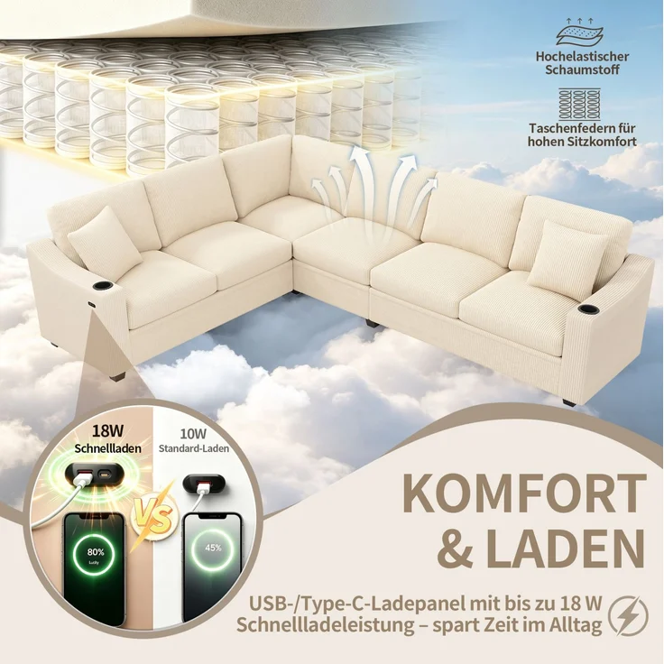 Ecksofa 277x215x85 cm in Beige mit Cordbezug, USB-Anschluss und Getränkehaltern – Bild 6
