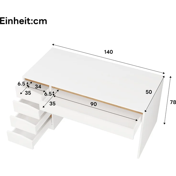 Schreibtisch 140x50x78 cm in Weiß mit Eiche-Optik und 5 Schubladen – Bild 5