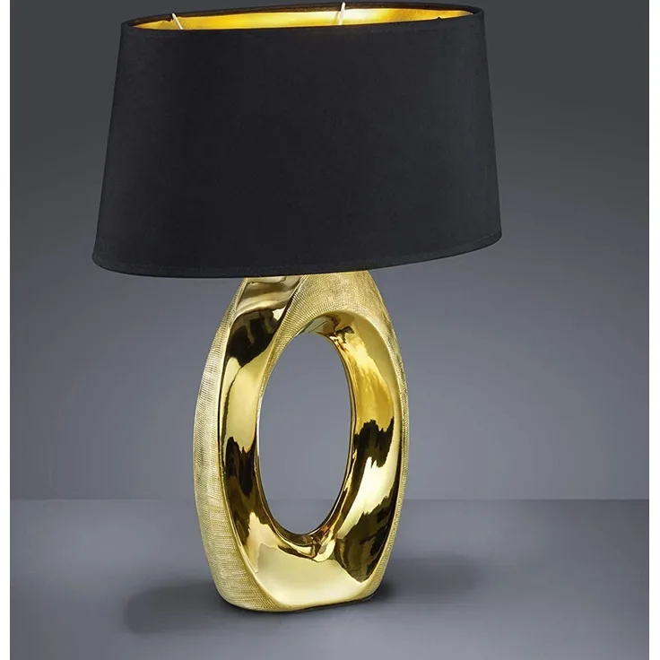 Große Tischleuchte TABA Keramik Gold - Stoffschirm Schwarz, Höhe 52cm