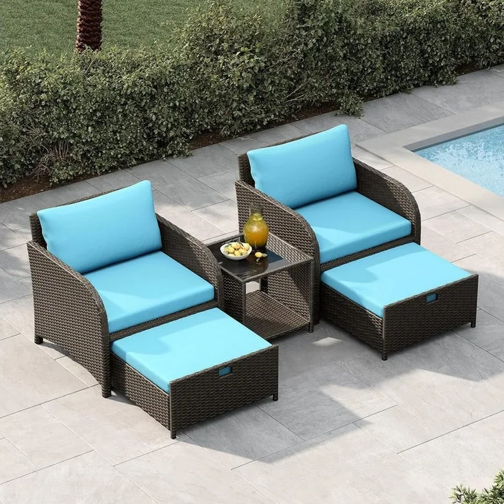 GarveeMore Gartenlounge-Set Terrassenmöbel mit Tisch,5 teilig Rattan Balkonmöbel Kleiner Balkon, Gartenmöbel Set Balkonset 2 Rattansessel mit Hocker,Outdoor Sitzgruppe