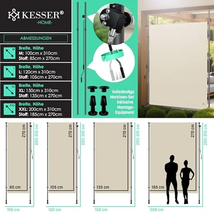 KESSER® Klemmmarkise Senkrechtmarkise außen Ausziehbar & Blickdicht | Vertikalmarkise mit Handkurbel ohne Bohren | Balkon-Sichtschutz & Windschutz für Garten & Terrasse Wasserfest Beige, 100 x 310 cm – Bild 7