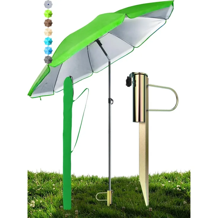 Menz Sonnenschirm Strand Ø 180 cm in Grün, 3er Set – Strandschirm windfest stabil + Schirmhülle + Rasendorn Sonnenschirmhalter, UPF 50+ Sonnenschirm mit Rasendorn für Garten, Schirmspieß