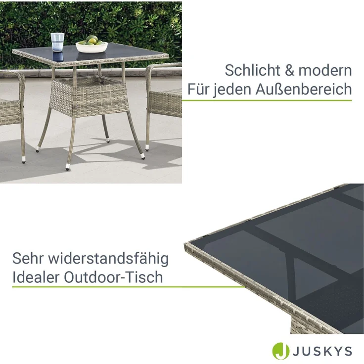 Juskys Polyrattan Gartentisch Yoro wetterfest - Balkontisch 80x80 cm eckig - Rattan Beistelltisch mit Glasplatte - kleiner Tisch für Balkon - Grau – Bild 3