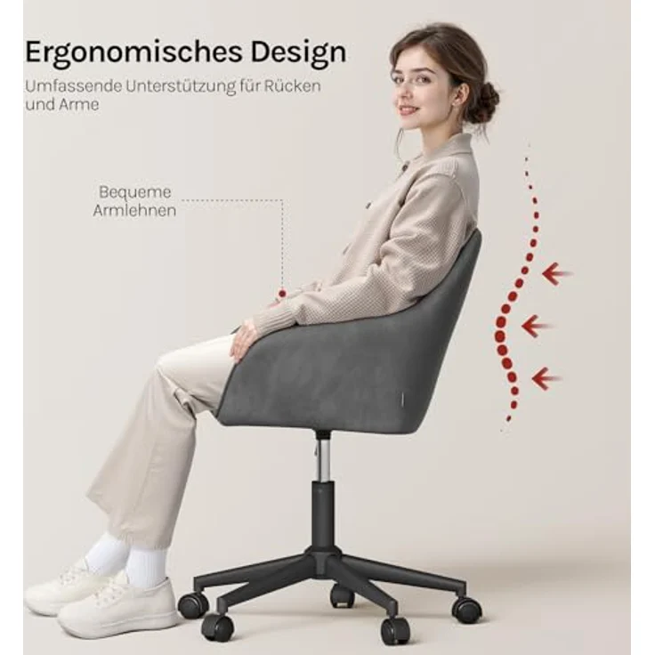 WOLTU Homeoffice Stuhl, Schreibtischstuhl, Drehstuhl, Schminkstuhl, höhenverstellbar, bis 150 kg belastbar, mit Armlehnen Samtsitz, für Schlafzimmer Büro Wohnzimmer, Dunkelgrau+Schwarz BS145dgr – Bild 6