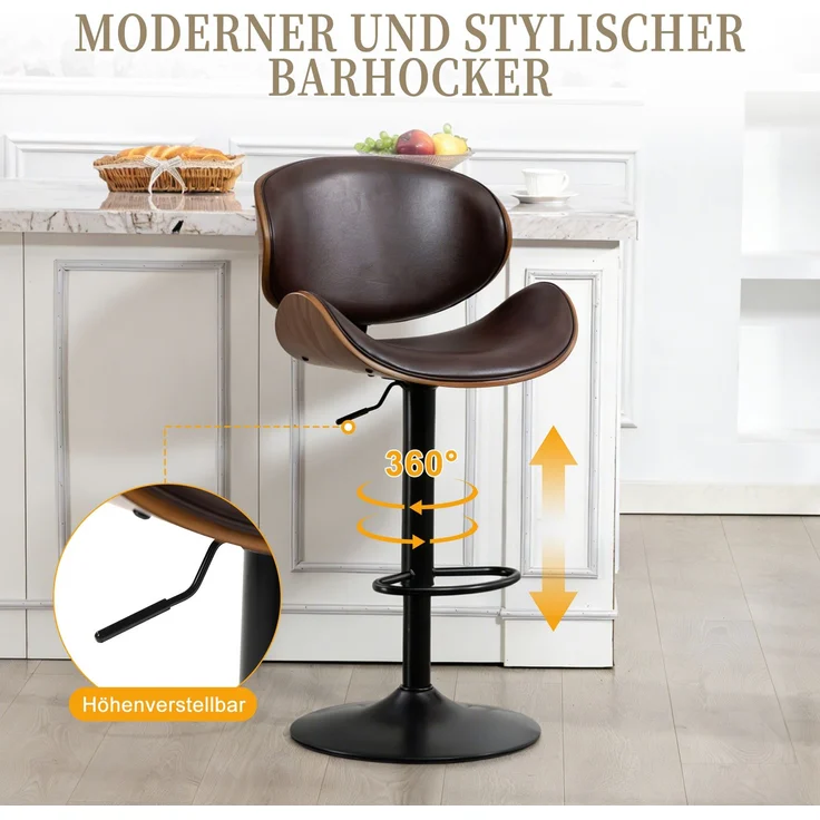 LVHOM Barhocker 2er Set, Höhenverstellbarer Barstuhl mit Bugholz-Rückenlehne und Fußstütze, drehbare Küchenhocker, gepolsterter Tresenhocker aus PU-Leder, Braun – Bild 4