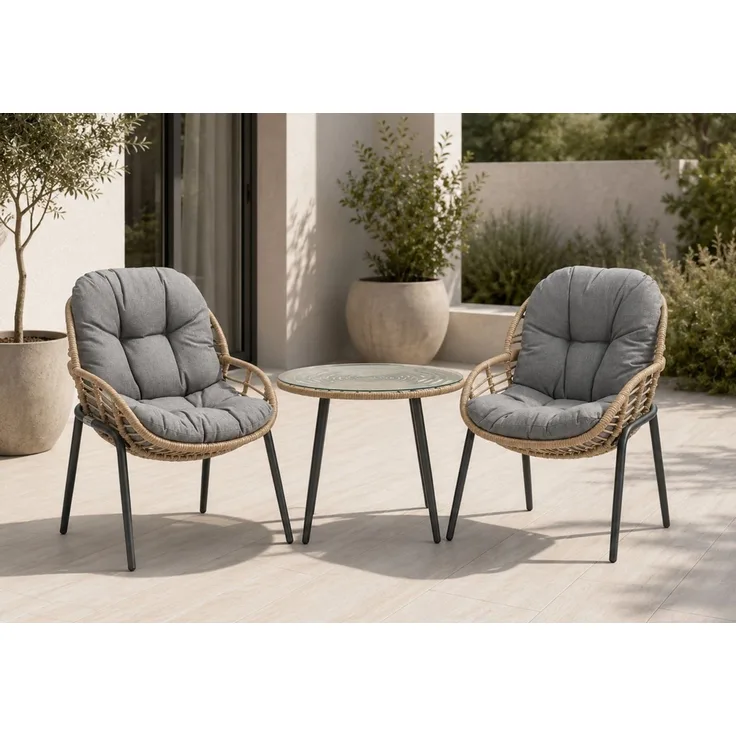 Home Collective Gartenlounge-Set Balkonmöbel Lounge Möbel Outdoor Sitzgruppe mit Beistelltisch, (3-teiliges Set mit 2 Stühlen und 1 Beistelltisch Ø 56 cm, inkl. abziehbarer Kissen)