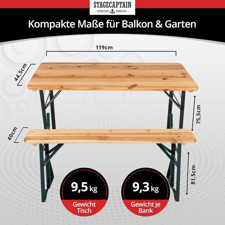 Stagecaptain 'Hirschgarten' Bierzeltgarnitur mit Lehne, Holz, 119 x 44,5 x 75,5 cm, 2x Bank, 1x Tisch, Natur – Bild 3
