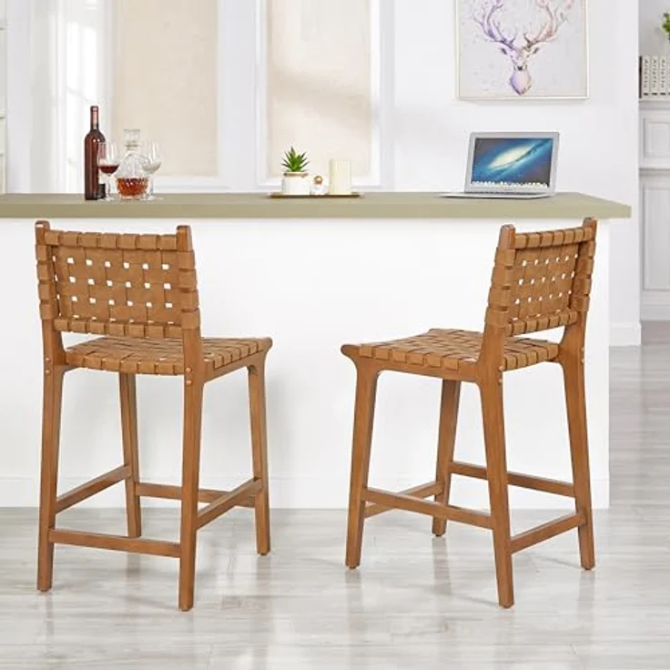 Ball & Cast PU Leder gewebt Counter Hocker, Holzrahmen Küche Insel Barhocker mit Fußstütze, Rückenlehne Geflecht Hocker-Stuhl für das Esszimmer, Braun – Bild 7