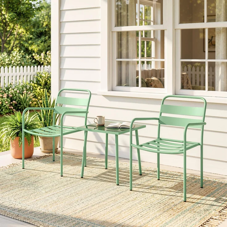 3-teiliges Garten-Bistro-Set – Couchtisch aus Hartglas und 2 Stühle mit Lattenbeinen, Gestell aus verzinktem Stahl, grün – Bild 3
