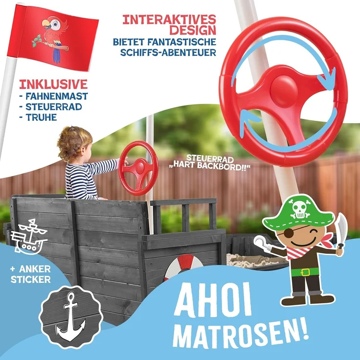 KIDIZ® Sandkasten Ahoi - Piratenschiff, Holz Anthrazit, 195 x 94 x 136 cm – Bild 5