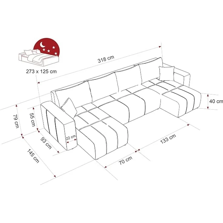 Beige-farbenes U-förmiges Ecksofa mit Schlaffunktion und Stauraum – Bild 3