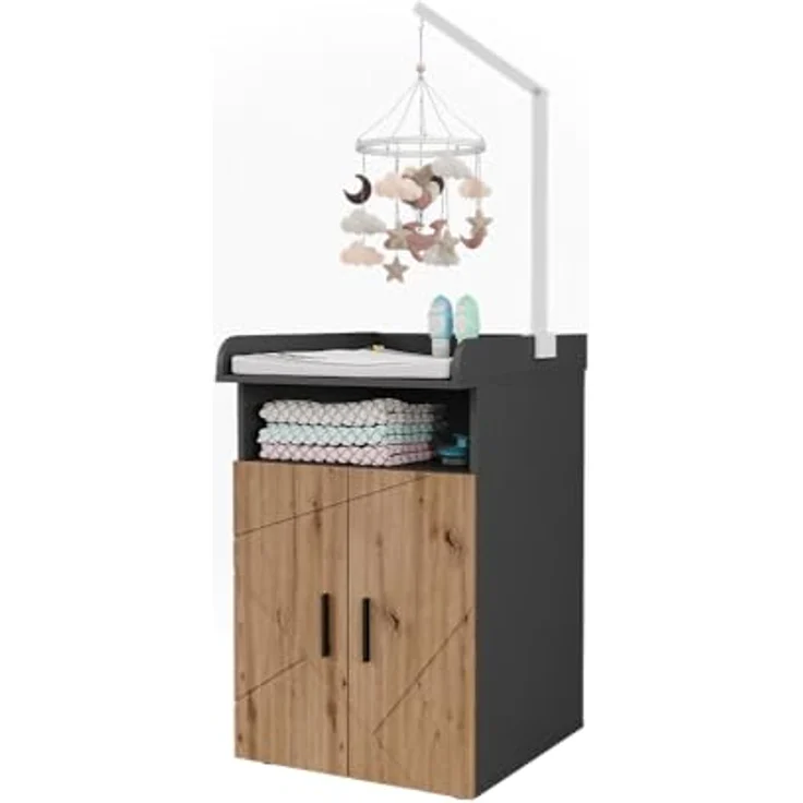 Vichy Wickelkommode Irma, Anthrazit/Goldkraft Eiche, 60 x 97 cm mit praktischem Wickelaufsatz und seitlichen Ablagefächern – Bild 6