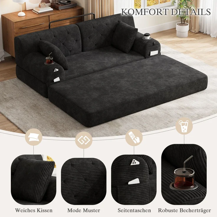 TavilaEcon 2-Sitzer Schlafsofa, komprimiertes Cord Sofa mit hoher Rückenlehne schwarz 81 × 80 × 168 cm (H × T × B) – Bild 9